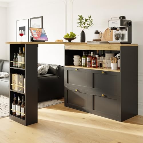 KOMHTOM Table à Manger Pivotante avec Armoire de Rangement, Table de Bar Extensible, Bar Cuisine avec Espace de Rangement, Buffet avec étagères et Vitre...