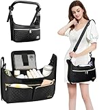 Universal Stroller Organizer Bag, Black Quilted Design with 2 Insulated Bottle Pockets, Multiple Storage Compartments, Tissue Holder, 6 x 4 x 2.5 Inches