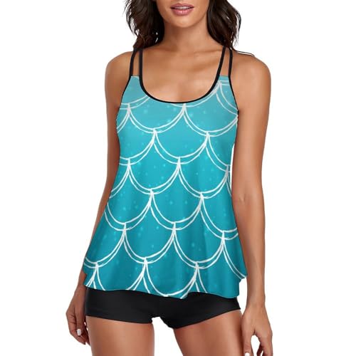 Tankini écaille de sirène bleue avec shorty couvrant pour dissimuler les rondeurs