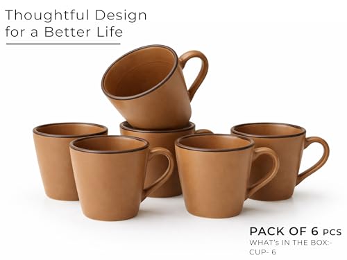 Image of Bodhi House Handcrafted Ceramic Tea Cup Set of 6 Pieces (175 Ml) Stoneware Coffee Mug, Microwave Safe Small Tea Cup, Glossy Finish, Ideal for Daily use, Casual Gatherings and Gifting, Terracotta Brown