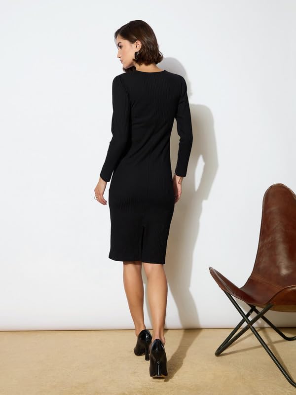 Image of barcino Black Rib Square Neck FS Midi Dress
