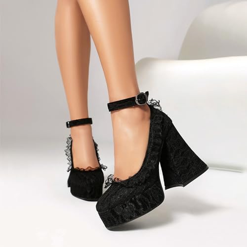 Image of KOKOMOMO Womens Lace Flower Heels Goth Platform Shoes Chunky High Heel Mary Janes Gothic Shoe