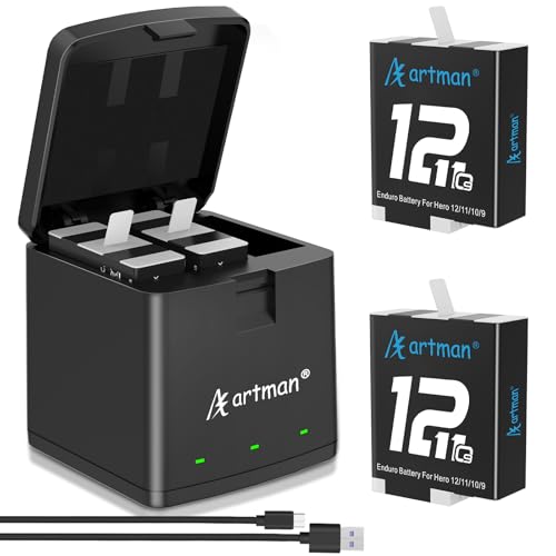 Artman Hero 12 Battery 1800mAh (2-Pack) for GoPro Hero 12 11 10 9 Black and 3-Channel Quick Charger, Fully Compatible with GoPro Hero 12 11 10 9 Enduro Battery and Charger