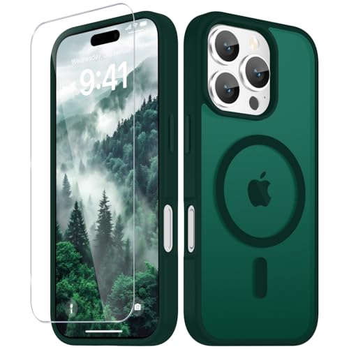Image of YENAPOON for iPhone 16 Pro Case, Matte Magnetic Phone Cover [with 1 Screen Protector] [Support for MagSafe] [Shockproof Military Grade Protection] Translucent Frosted Back, Dark Green