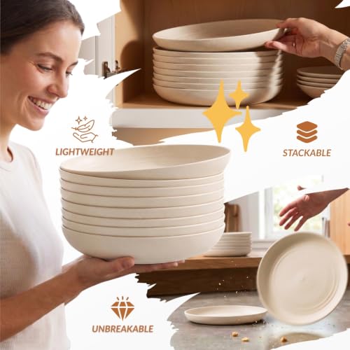 Image of Homienly Plastic Dinner Plates, Wheat Straw Plates 11 Inch, Lightweight Unbreakable Plates Set of 8, Microwave Safe Plates, Deep Plates for Dinner - Beige