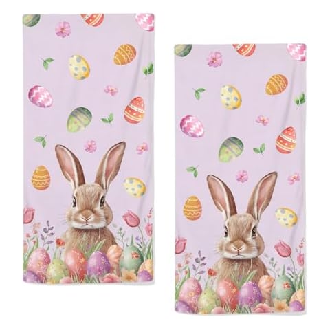 qiuhuang Spring Tulip Floral Hand Towels for Bathroom Set of 2 Bunny Easter Kitchen Towels Soft Absorbent Easter Eggs Decorative Bathroom Towels Home Washcloth 28.7X 13.7 Inch Cover