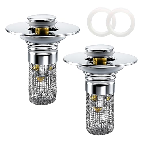 Bathroom Sink Drain Strainer, Pop-up Sink Drain Strainer with Removable Strainer Basket Hair Catcher, Bathroom Sink Stopper,2 Packs