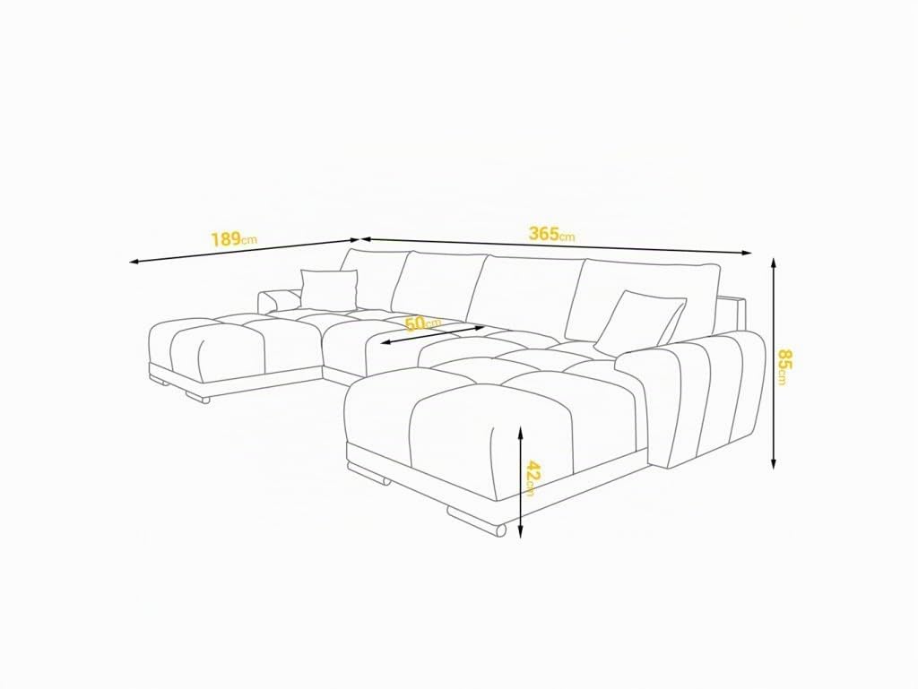Ecksofa Samt in U-Form 365 x 189 cm - Sofa mit Stauraum und Kissen - Ausziehbares Schlafsofa - Ecksofa mit Schlaffunktion- Schlafsofa - Bettfunktion Hellgrau