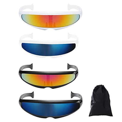 LOKBY 4pc Gafas Futuristas Divertidas Gafas de Espejos Gafas de Sol Fiesta Creativo Lente Espejo Gafas con Forma de cíclope Estrecho Futurista Fresco Robot Alienígena con 1 Bolsa Almacenamiento Negra