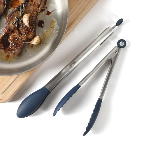 Image of Calphalon Edge Tongs Set, 2-Piece Stainless Steel Kitchen Tongs Set with Silicone Heads, Includes 9-Inch & 12-Inch Heat-Resistant Locking Tongs for Cooking, Grilling & Serving
