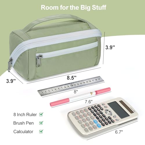 Image of Large Pencil Pouch - 8 Compartments, Wide Handle Organizer Bag | Wide Open Pen Bag, Flexible Dividers & Side Pockets, Handle, 900D Fabric, College Supplies for Teens, Green