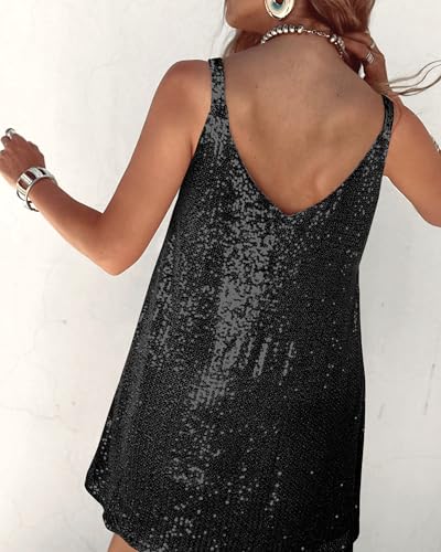 Image of MIYIEONZ Women Sequin Sexy V Neck Shift Dress Sparkly Glitter Sleeveless Short Flowy Loose Party Night Out Club Dress