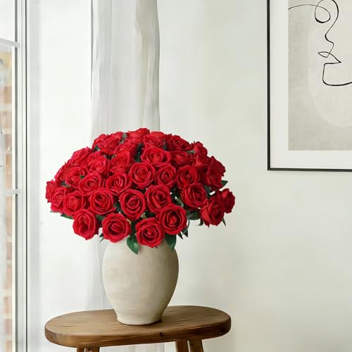 Image of INSPRING 50 PCS Red Roses Artificial Flowers with Long Stems | Real Looking, Fake Roses, Silk Flowers, DIY Bouquet, Wedding Party Celebration Home Bridal Decoration Gift, for Her Wife