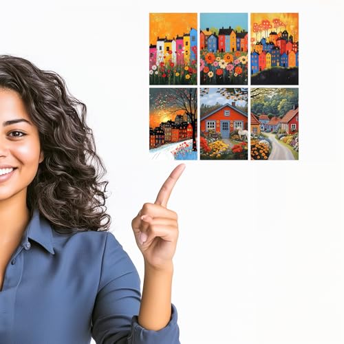 Image of SiddArtify Colorful Houses Wall Art Print Set - Whimsical Town Poster Decor for Living Room Bedroom - Set of 2-4x6 Inch - Board (Pack of 6) - Sticker (Pack of 6)