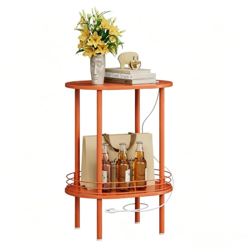 Image of Small Oval Side Table with Charging Station, 2-Tier Orange Round End Table | Narrow Nightstand with USB Ports and Outlets, Bedside Table for Small Space - Living Room, Bedroom, Nursery,(1PC,Orange)
