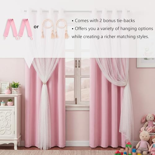 Image of MYSKY HOME Light Pink Blackout Curtains for Girls Bedroom 52Wx84L,2 Panels | Baby Pink Blackout Curtains with Polka Dots Sheer Overlay, Grommet Tops,Double Layer,for Nursery Kids Bedroom Living Room