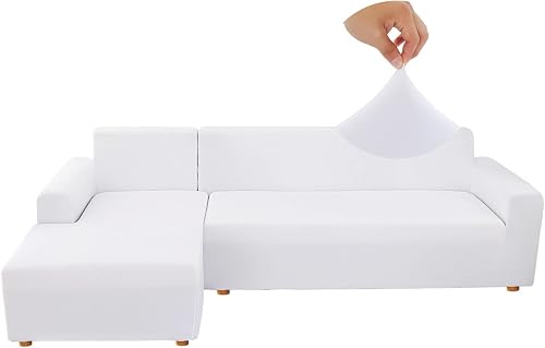Jaotto Fundas para Sofás Chaise Longue Elásticas,Cubre Fundas de Sofá Cheslong Brazo Largo Derecho Ajustables de Forma L Extraíbles Lavables,Fundas Protectora para Sofa(3 Plazas+4 Plazas,Blanco)