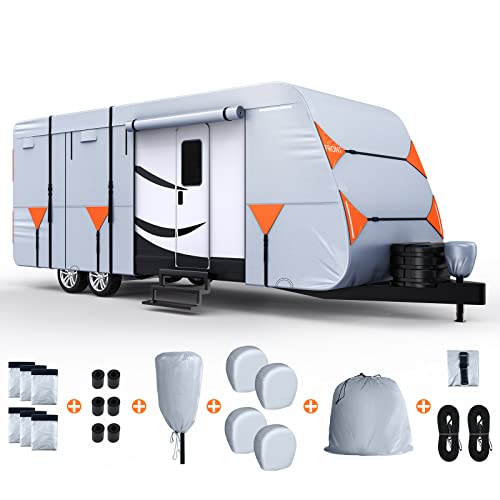 Funomo Travel Trailer Rv Cover, 2022 New Anti-Tear Silver Oxford Fabric Cover, Fits 24'-27' Rv Heavy Duty Anti-Uv Waterproof Camper Cover, With Tongue Jack Cover, Extra Windproof Ropes, Gutter Covers #TOP6