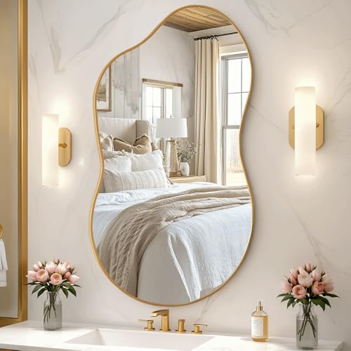 Clevich Espejo de Pared Irregular con Aluminio - único diseño de Marco en Forma de Nube - Espejos Decorativos de Pared Elegante y Moderno - para Sala de Estar, baño, Dormitorio (Dorado, 66x116cm)