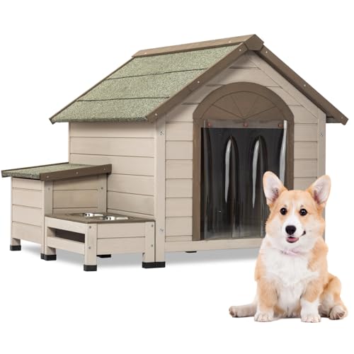 Zefvkip Outdoor fir Wood Dog House with an Open roof Ideal for Small to Medium Dogs. with Storage Box, Elevated Feeding Station with 2 Bowls. Weatherproof Asphalt roof and Treated Wood.