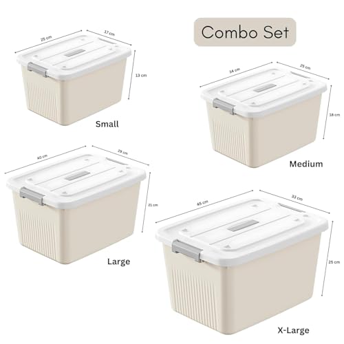 Image of Ash & Roh Plastic Storage Box /Bin /Container with Locking Lid - Sturdy and Versatile Home Organizer, Available in Multiple Size. (1, CREAM, COMBO SET)