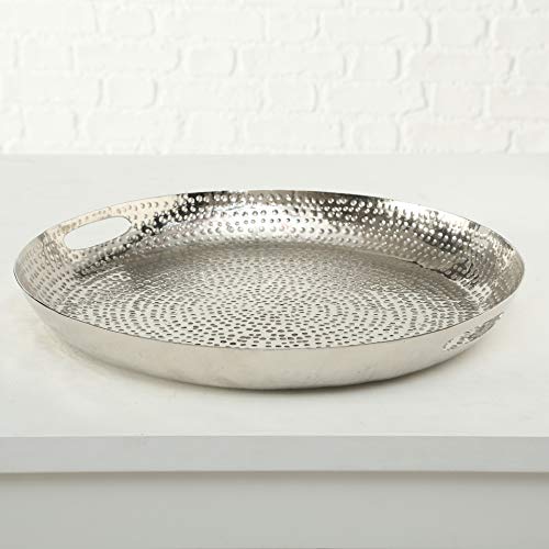 Grand Hotel Metallic Trays, Set Of 2, Hand Cast Polished Silver Aluminum, Reflective Rounds, Textural Hammered Surface, Each Over 1-1 1/2 Ft In Diameter #TOP7