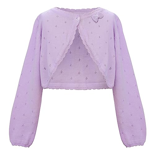 Image of Girls Cardigan Knit Sweater Long Sleeve Cropped Cardigan Girls Shawl Cover up (Purple, 140)