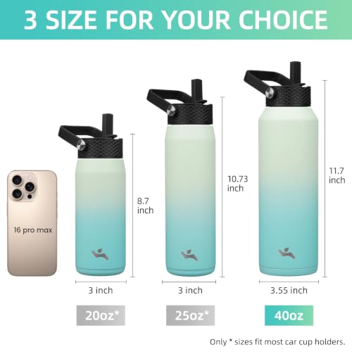 Image of Konokyo 40oz Insulated Stainless Steel Water Bottle with 3 Lids, Leakproof BPA-Free Bottle with Straw Lid, Sip Lid and Flex Cap for Gym, Travel, School, Office, Mint