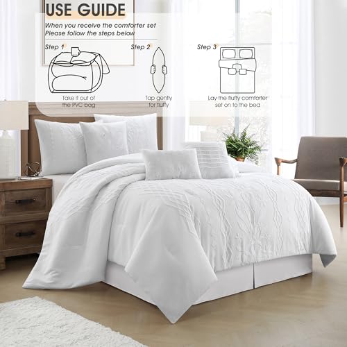 Image of LANCO MODERN LIFESTYLE White Comforter Set, Queen Size, 7 Pieces Jacquard Boho Bedding Set for All Seasons, Ultra Soft and Fluffy, Matching Pilllow Shams, Bedskirt and Decor Pillows