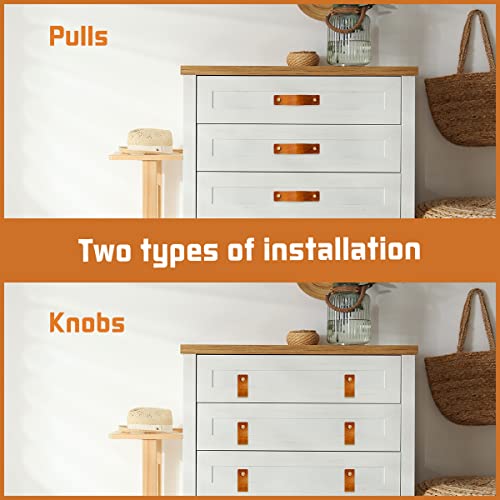 Jililil Leather Drawer Pulls, 6 Pack Brown Cabinet Handles For Cupboards Wardrobe Dresser, Anti-Collision Anti-Static, Includes Brass Nuts Screws(3-3/4 Inch Hole Centers) #TOP2