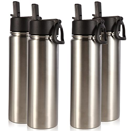 Volhoply Insulated Water Bottles with Straw Bulk 4 Pack, 22 oz Stainless Steel Sports Bottle with Handle Lid, Double Walled Vacuum Travel Water Cups with Wide Mouth for School Hiking(Silver,4 Set)