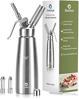 Professional Whipped Cream Dispenser - Stainless Steel Whipped Cream Maker, Large 500ml / 1 Pint Capacity Whip Canister, Includes 3 Various Stainless Culinary Decorating Nozzles and 1 Brush