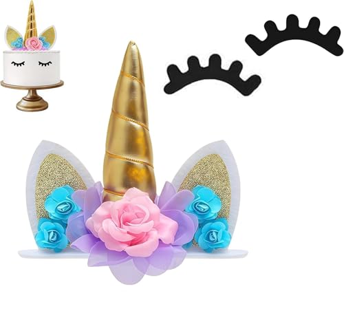 Doré Décoration Gâteau Licorne Cake Topper,avec de AdorablesCornes Cils et Support Base,pour la Décoration de Gâteau D'Anniversaire Éléments de...