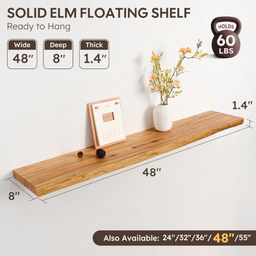 Image of 48 inch Floating Shelves, Solid Elm Wood, Natural Live Edge