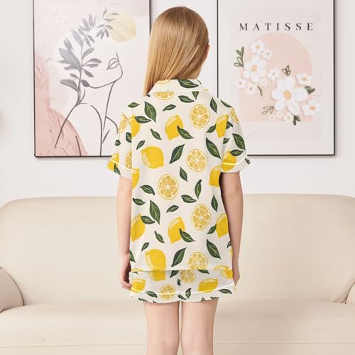 Cartoon Cute Lemon Paint Summer Satin Pajama Set, Cute Button-Down Sleepwear Pj Set for Sleep Wears4