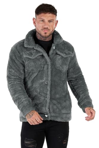 Image of GINGTTO Mens Furry Button-Up Jacket 4 Pockets Fluffy Coat For Men