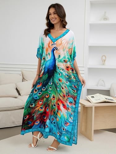Image of IMAGEKOPE Women's Plus Size Loose Fit Moroccan Print V-Neck Batwing Kaftan Beach Dress Bathing Suit Cover Up