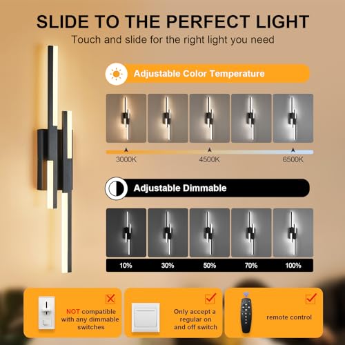 Image of Benkut Modern LED Vanity Lights Set of 2, Black Wall Sconce with Remote Control Dimmable Indoor Wall Light Bedside Remote Sconce for Bedroom Bathroom Living Dining Room (27.6inch 2 Pack)