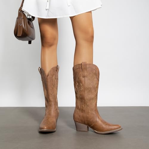 DREAM PAIRS Women's Cowboy Cowgirl Boots Embroidered Pointed Toe Low Heel Western Mid Calf Boot for Theme Party Country Concert,Size 6.5,All Brown,DWUMMB2503