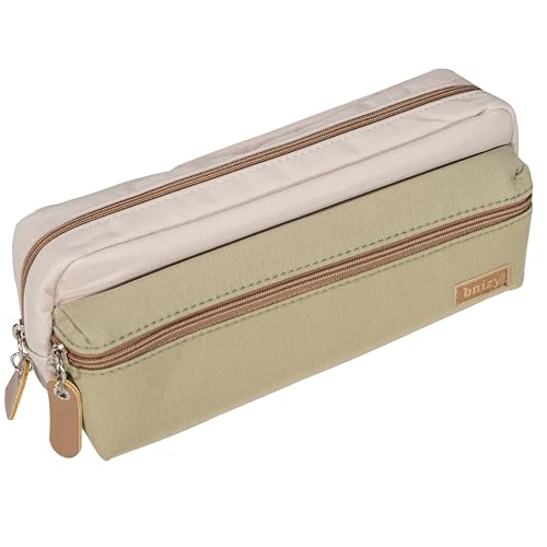 Image of Large Pencil Case, Pencil Pouch with Zipper Compartments, Aesthetic Pencil Case for Adults, Stationery Pouch Pen Case for Office (Beige&Green)