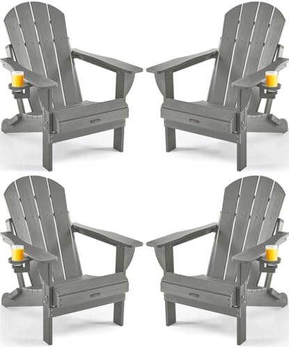 Ciokea Folding Adirondack Chair Wood Texture 4 Pack, Patio Adirondack Chair Weather Resistant, Plastic Fire Pit Chair with Cup Holder, Lawn Chair for Outdoor Porch Garden Backyard Deck (Grey)