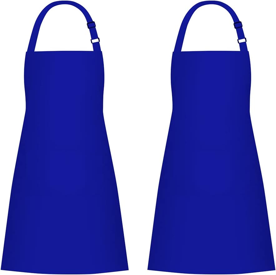 jubatus 2 pack 100% cotton aprons with 2 pockets cooking chef kitchen adjustable bib apron for women men, blue blue 2
