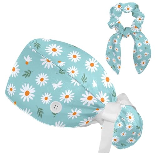 Image of Butterfly Scrub Cap Women with Ponytail & Buttons Adjustable Surgical Nurse Hat with Cotton Sweatband for Long Hair