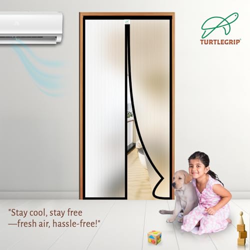 Image of TurtleGrip Magnetic AC Door Curtain - Ribbed Translucent Thermal Cover, Auto Closing Magnets (200x90cm)