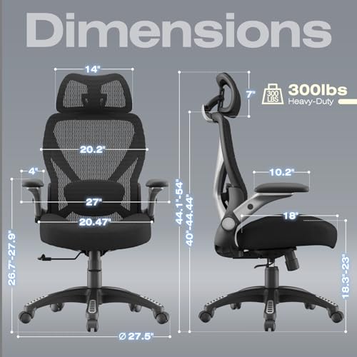 ELABEST X100 Ergonomic Mesh Office Chair, Big and Tall Hone Desk Chair with 5D Flip-Up Arms, Adjustable 3D Lumbar Support,Gaming & Executive Computer Chairs for Long Hours, Padded Seat