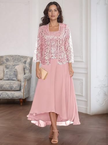 2 Piece Mother of The Bride Dresses Tea Length Chiffon Lace Mother of The Groom Dresses with Jacket4
