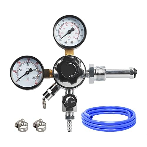 PERA Dual Gauge Nitrogen Regulator CGA580 Draft Beer Regulator Gas Air Pressure with 0-100 PSI Delivery Pressure Premium，5ft Gas Line and Free Worm Clamps
