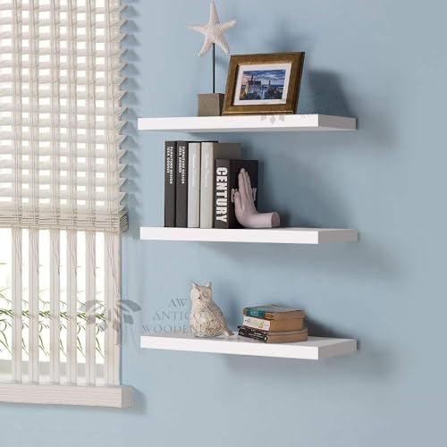 Image of Wooden Floating Wall Shelf| Wall Mount| Wall Rack| Wall Bracket for Home and Office Decor | Big Mounted Cabinets (XX-Large (24x8 inches), Set of 3, White)