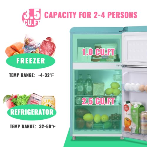 Image of DEMULLER Retro Mini Fridge with Top Freezer 100L Small Refrigerator with Two Doors & Two Handles Dorm Fridge with 7 Temperature Settings Spacous Capacity & Ideal Size Blue