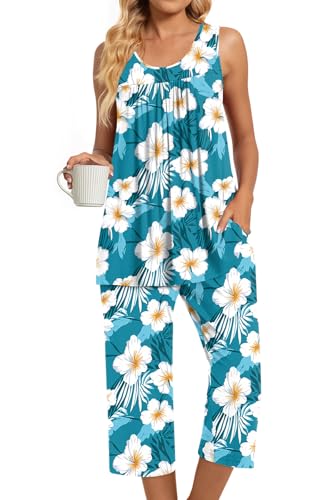 Image of TAOHUADAO Womens Summer 2 Piece Pajama Sets, Sleeveless Tops with Capri Pants, Lounge Ladies Pjs Sets with Pockets